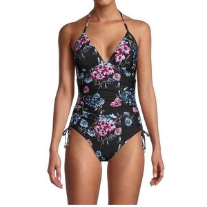 DKNY Black and Pink Floral One Piece Swimsuit